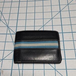 Fossil Men's Black Leather Wallet, Card Holder with Blue/White Stripe, Preloved